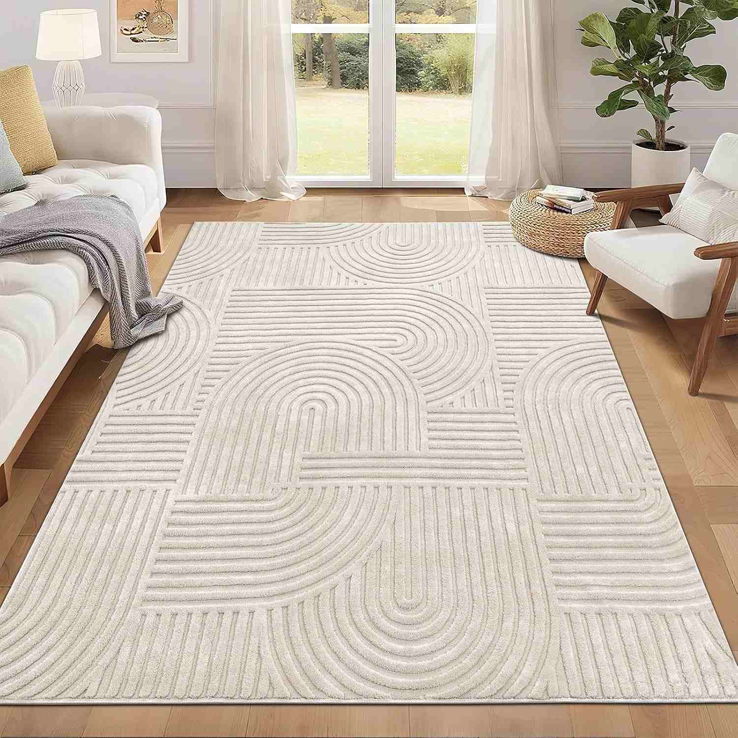 Large neutral textured or natural-fiber area rug